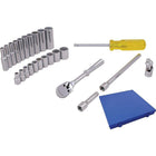 Gray Tools 25 Piece 1/4" Drive, 12 Point SAE Standard & Deep, Chrome Socket & Attachment Set-Contains: Standard length sockets: 3/16", 7/32", 1/4", 9/32", 5/16", 11/32", 3/8", 7/16", 1/2", 9/16", Deep length sockets: 3/16", 7/32", 1/4", 9/32", 5/16", 11/32", 3/8", 7/16", 1/2", 9/16", Reversible Ratchet, U-Joint, 2" & 6" Extensions and hand Driver.