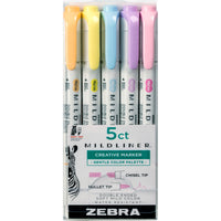 Zebra Mildliner 5-Colour Gentle Set Highlighters - Assorted - 5 Pack-Honey Orange, Sherbet Yellow, Soda Blue, Lilac, Baby Pink