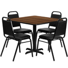 Flash Furniture 36" Square Walnut Laminate Table Set with X-Base & 4 Black Trapezoidal Back Banquet Chairs-Table and Chair Set