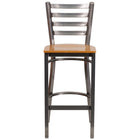 Flash Furniture HERCULES Series Clear Coated Ladder Back Metal Restaurant Barstool - Natural Wood Seat - 2 Pack-Set of 2 Metal Dining Bar Stools