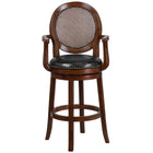 Flash Furniture 30" High Expresso Wood Barstool with Arms, Woven Rattan Back & Black LeatherSoft Swivel Seat-Transitional Style Stool