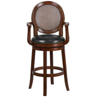 Flash Furniture 30" High Expresso Wood Barstool with Arms, Woven Rattan Back & Black LeatherSoft Swivel Seat-Transitional Style Stool