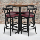 Flash Furniture 24" Round Walnut Laminate Table Set with X-Base & 4 Two-Slat Ladder Back Metal Barstools - Burgundy Vinyl Seat-Set Includes 4 Barstools, Round Table Top and X-Base