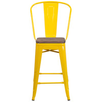 Flash Furniture 24" High Metal Counter Height Stool with Back & Wood Seat - Yellow-Set of 4 Bistro Style Counter Stools