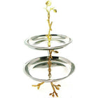 Elegance – Plateau de service à 2 plateaux en acier inoxydable martelé avec feuille dorée-Présente une base à pieds et des détails de feuilles dorées.