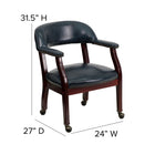 Flash Furniture Navy Vinyl Luxurious Conference Chair with Accent Nail Trim & Casters-Upholstered Straight Arms with Brass Nail Accents