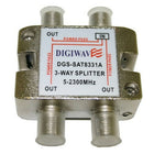Digiwave 3 Way Splitter (5-2400Mhz), 0.8" x 2" x 2.5", Silver-Digiwave 5-2400MHz 3-Way Splitter can be used for Cable TV, Cable Modems, Digital and Analogue Systems