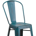 Flash Furniture Commercial Grade 24" High Distressed Kelly Blue-Teal Metal Indoor-Outdoor Counter Height Stool with Back-Footrest