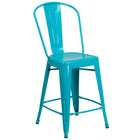 Flash Furniture 24" High Crystal Teal-Blue Metal Indoor-Outdoor Counter Height Stool with Back-500 lb. Weight Capacity