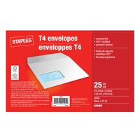 Staples T4 Security Envelopes with Gummed Flaps - 5-3/4" x 9" - White - 25 Pack-T4 envelopes are ideal for mailing standard income tax forms and more