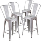 Flash Furniture Commercial Grade 24" High Silver Metal Indoor-Outdoor Counter Height Stool with Back-Curved Back with Vertical Slat
