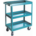 Kleton Knocked-Down Shelf Carts, 3 Shelves, 5" Blue Elastic Rubber Casters, 18"W. x 30"D. x 36"H.-16-gauge steel shelves with 2-1/2" high lip