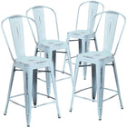 Tabouret à hauteur de comptoir pour l'intérieur et l'extérieur de 24 po haut. en métal vert-bleu vieilli avec dossier-Dossier courbé avec latte verticale
