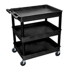 Luxor 3 Shelf Tub Cart, Black, (TC111-B)-These Luxor TC series utility carts are made of high density polyethylene structural foam molded plastic shelves and legs that won't stain, scratch, dent or rust. Features a retaining lip around the back and sides of flat shelves.
