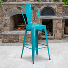 Flash Furniture 30" High Crystal Teal-Blue Metal Indoor-Outdoor Barstool with Back-Cross Brace under seat provides extra stability