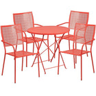 30'' Round Coral Indoor-Outdoor Steel Folding Patio Table Set with 4 Square Back Chairs [CO-30RDF-02CHR4-RED-GG]-Coral Powder Coat Finish