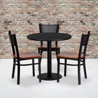 Flash Furniture 30'' Round Black Laminate Table Set with Round Base and 3 Grid Back Metal Chairs, Cherry Wood Seat-Set Includes 3 Chairs, Round Table Top and Round Base