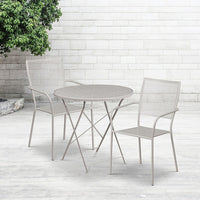 30'' Round Light Grey Indoor-Outdoor Steel Folding Patio Table Set with 2 Square Back Chairs [CO-30RDF-02CHR2-SIL-GG]-Set Includes Folding Table and 2 Chairs