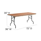 Flash Furniture 36" x 72" Rectangular Wood Folding Banquet Table with Clear Coated Finished Top-Quadruple Coated Polyurethane Varnish Top