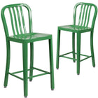 Flash Furniture Commercial Grade 24" High Green Metal Indoor-Outdoor Counter Height Stool with Vertical Slat Back - 2 Pack-500 lb. Static Weight Capacity