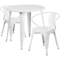 30'' Round White Metal Indoor-Outdoor Table Set with 2 Arm Chairs (CH-51090TH-2-18ARM-WH-GG)-Indoor Outdoor Sets
