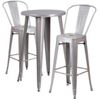 24'' Round Silver Metal Indoor-Outdoor Bar Table Set with 2 Cafe Barstools [CH-51080BH-2-30CAFE-SIL-GG]-Round Metal Bar Set