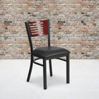 Chaise de restaurant de la série HERCULES en métal noir avec dossier à lattes - dossier en bois d'acajou et siège en vinyle noir-Assemblage soudé