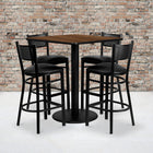 Flash Furniture 36'' Square Walnut Laminate Table Set with Round Base and 4 Grid Back Metal Bar Stools, Black Vinyl Seat-Set Includes 4 Bar Stools, Square Table Top and Round Base
