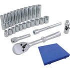 Gray Tools 26 Piece 3/8" Drive 6 Point Metric, Standard & Deep, Chrome Socket & Attachment Set-Contains: Standard 9, 10, 11, 12, 13, 14, 15, 16, 17, 18, 19mm sockets, Deep 9, 10 , 11, 12, 13, 14, 15, 16, 17, 18, 19mm sockets, Reversible Ratchet, U-Joint and 3" & 6" Extensions.