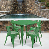 Flash Furniture – Table carrée en métal 31,5 po et 4 chaises à accoudoirs, int/ext, vert (ET-CT002-4-70-GN-GG)-Acier galvanisé, métal, caoutchouc