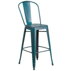 Flash Furniture 30" High Distressed Kelly Blue-Teal Metal Indoor-Outdoor Barstool with Back-Bistro Style Barstool