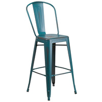 Flash Furniture 30" High Distressed Kelly Blue-Teal Metal Indoor-Outdoor Barstool with Back-Bistro Style Barstool