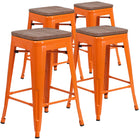 Flash Furniture 24" High Backless Orange Metal Counter Height Stool with Square Wood Seat-Set of 4 Stackable Industrial Style Modern Stools