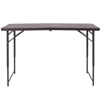 Flash Furniture 23.5"W x 48.25"L Height Adjustable Bi-Fold Brown Wood Grain Plastic Folding Table with Carrying Handle-Ready To Use Commercial Table