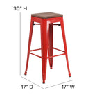 Flash Furniture - Tabouret de bar de 30 po haut en métal rouge sans dossier avec siège carré en bois-Siège en bois d'orme texturé noyer