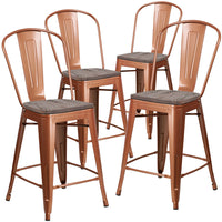 Flash Furniture 24" High Copper Metal Counter Height Stool with Back & Wood Seat-Set of 4 Bistro Style Counter Stools