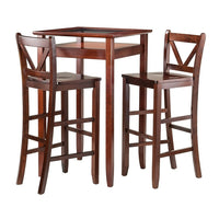 Winsome Halo 3-Piece Set Pub Table with V Back Bar Stools, (94586)-Solid wood in Walnut finish