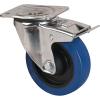 Kleton Blue Caster, Swivel With Brake, 5" (127 Mm), Rubber, 400 Lbs. (181 Kg.) - 5 Pack-Bolt Hole Size 3/8" (9.52 mm)