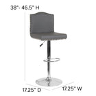 Flash Furniture Bellagio Contemporary Adjustable Height Barstool with Accent Nail Trim - Grey LeatherSoft - 2 Pack-Seat Adjusts from Counter to Bar Height
