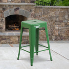 Flash Furniture Commercial Grade 24" High Backless Green Metal Indoor-Outdoor Counter Height Stool with Square Seat-Seat Drain Hole assists in drying