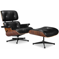Nicer Furniture Modern Classic Lounge Chair & Ottoman Set - Black/Rosewood-Upholstered in 100% full-grain Italian aniline leather.