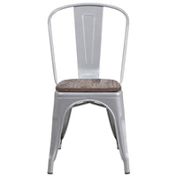 Flash Furniture Silver Metal Stackable Chair with Wood Seat-Set of 4 Stackable Bistro Style Chairs