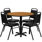 Flash Furniture 36'' Round Natural Laminate Table Set with X-Base and 4 Black Trapezoidal Back Banquet Chairs-Table and Chair Set