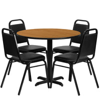 Flash Furniture 36'' Round Natural Laminate Table Set with X-Base and 4 Black Trapezoidal Back Banquet Chairs-Table and Chair Set