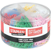 Staples #1 Size Vinyl-Coated Paper Clips - Assorted Colours - 1000 Pack-Vinyl coated, metal paper clips slide easily, never leave marks on your documents