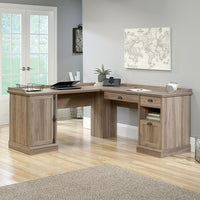 Sauder 69"W Barrister Lane L-Desk - Salt Oak-Two drawers feature metal runners and safety stops