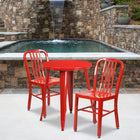24'' Round Red Metal Indoor-Outdoor Table Set with 2 Vertical Slat Back Chairs [CH-51080TH-2-18VRT-RED-GG]-24"W x 24"D x 29"H