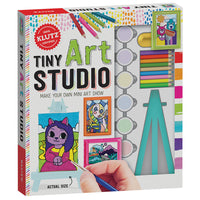 Klutz Tiny Art Studio-Comes with: 9 printed artworks, 3 blank artworks, 4 paper frames, 10 cardboard canvas boards, 6 colors of gouache paints, 9 colored pencils, glitter paint, paintbrush, foil tape, sticker sheet, plastic mini display easel.