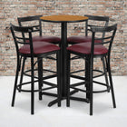 Flash Furniture 24" Round Natural Laminate Table Set with X-Base & 4 Two-Slat Ladder Back Metal Barstools - Burgundy Vinyl Seat-Set Includes 4 Barstools, Round Table Top and X-Base