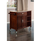 Winsome Mabel Kitchen Cart, Walnut (94843)-Features 3 open shelves, a pullout drawer, cabinet with an additional shelf, and a towel rack